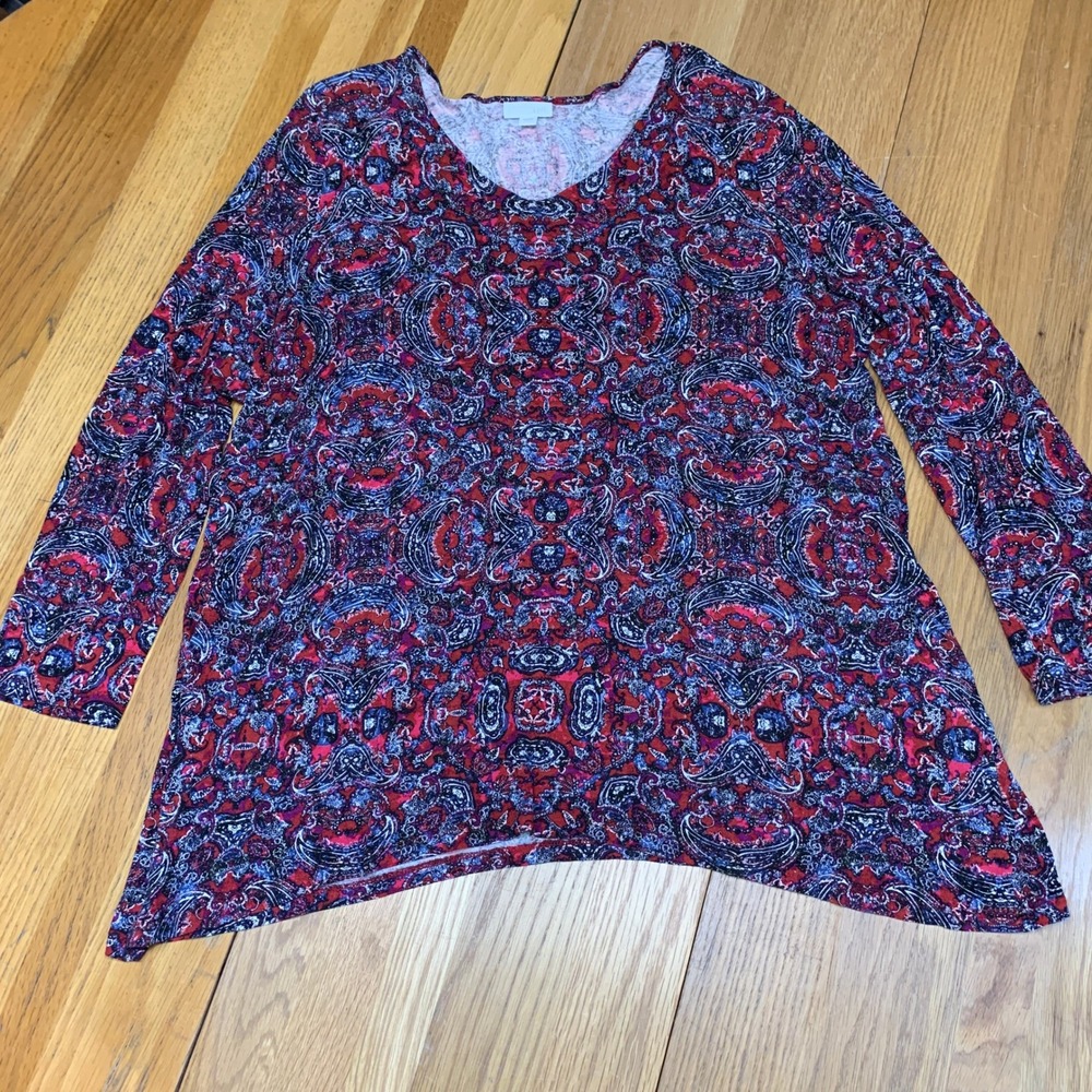 J. Jill Womens Size XL Paisley Sharkbite Hem Tunic V-Neck Long Sleeve Red Blue‎